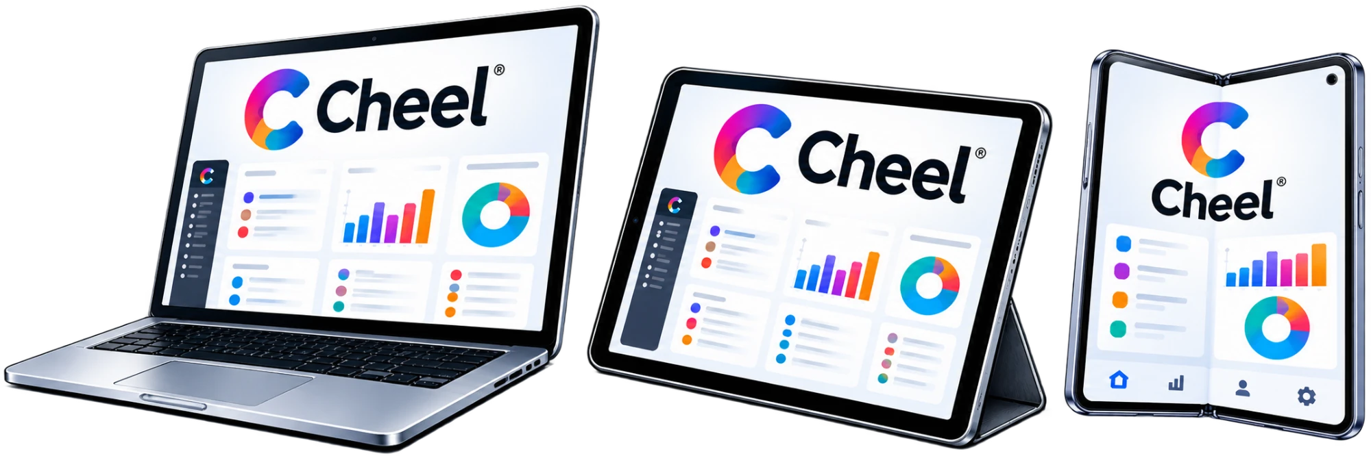 Cheel sur un ordinateur portable, une tablette et un téléphone à écran pliant
