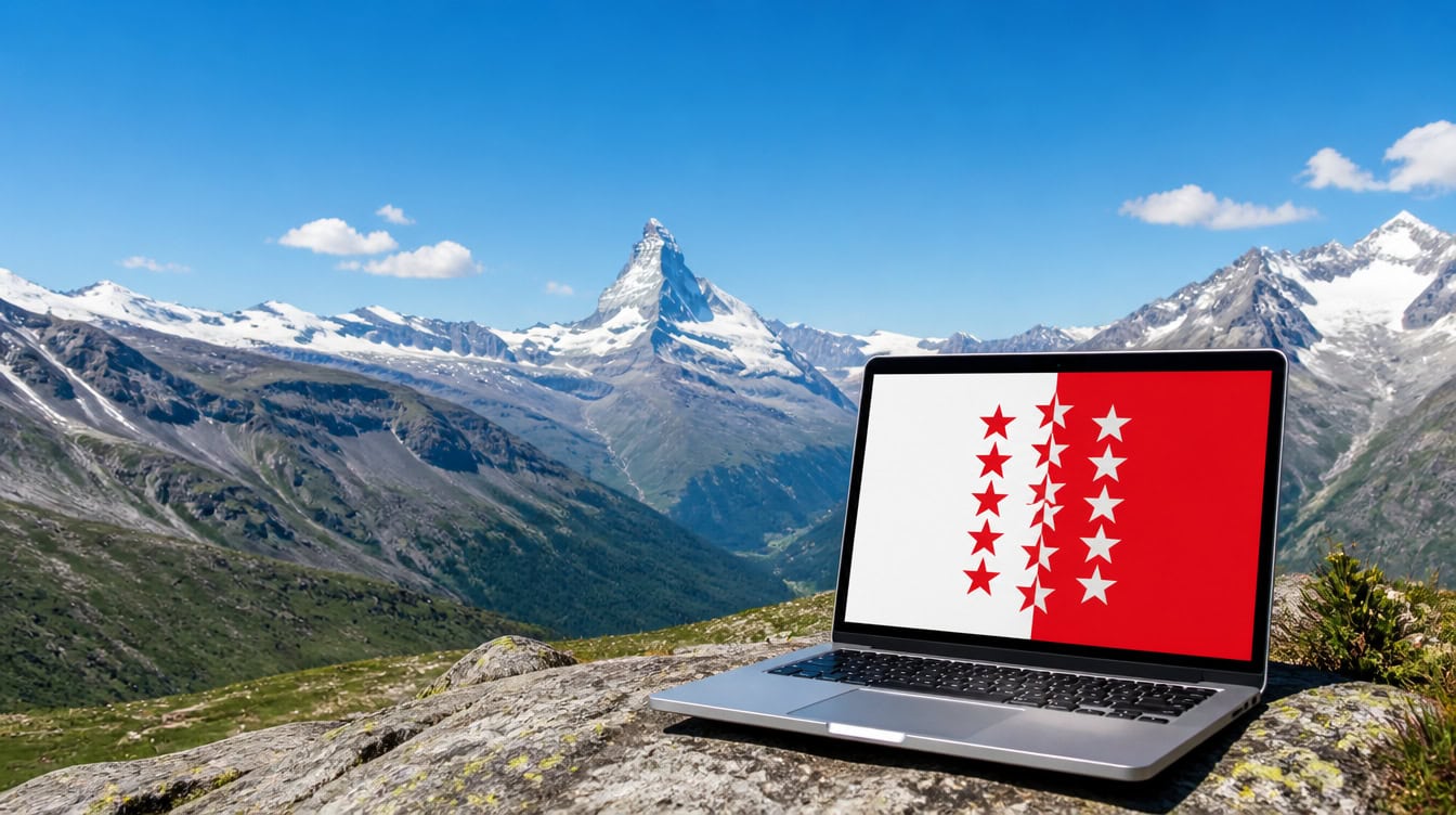 Ordinateur portable affichant le drapeau du Valais, posé sur un rocher face aux Alpes valaisannes.